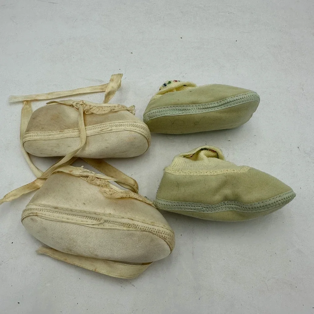 Vintage Baby Shoe Lot Cream Satin Lace Ribbon Yellow Knit Floral Booties 2 Pairs